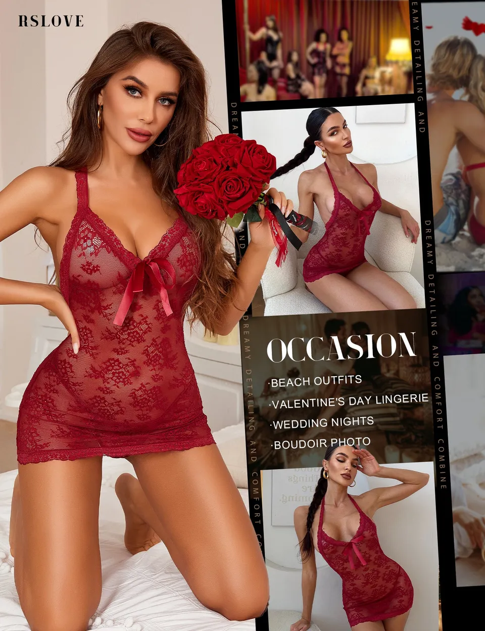 RSLOVE Babydoll Halter Lace Babydoll con fiocco e perle