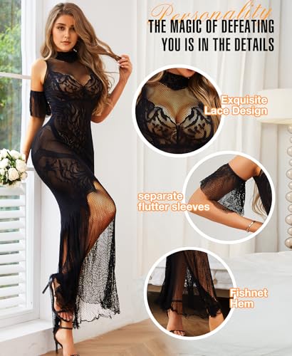 RSLOVE Babydoll abito lungo in pizzo con maniche staccabili