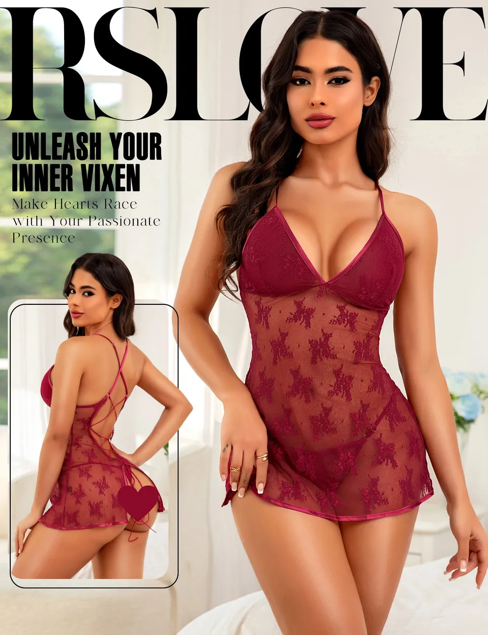 RSLOVE Babydoll babydoll nero in mesh floreale con perizoma S