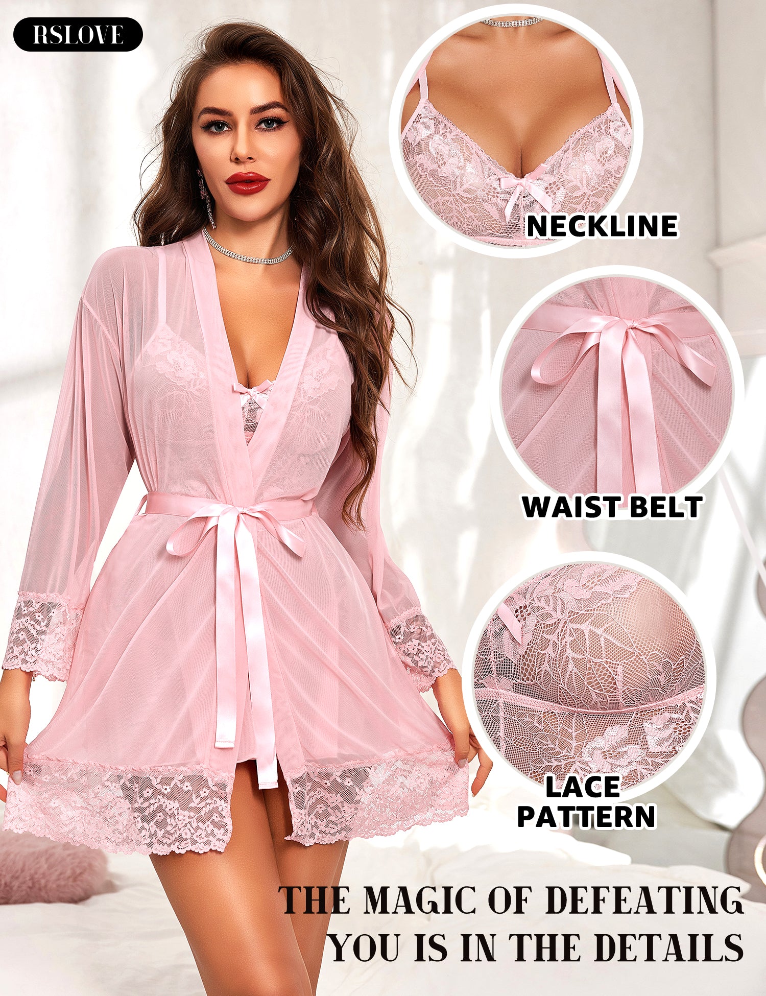 RSLOVE Robe completo lingerie 3 pezzi in mesh e pizzo