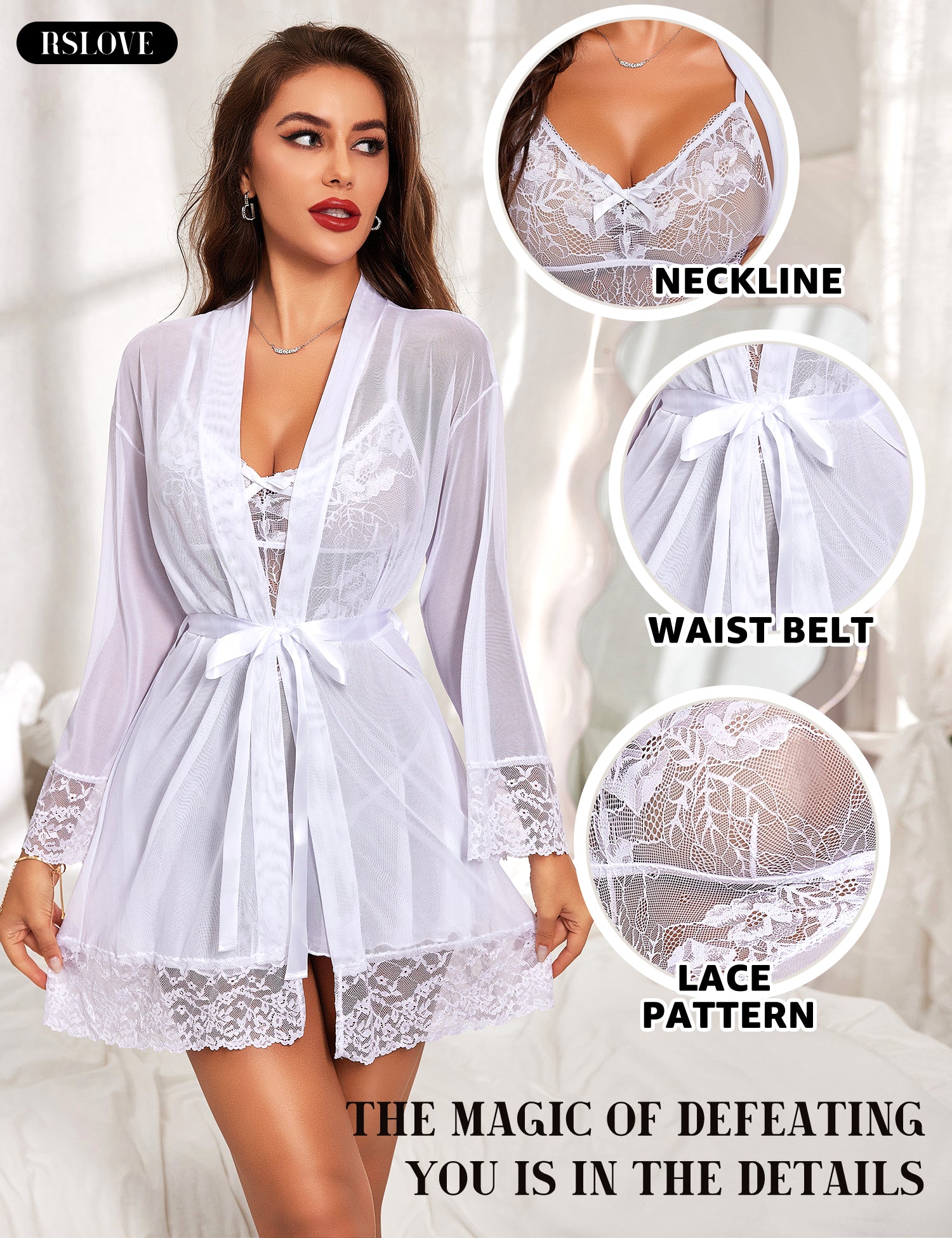 RSLOVE Robe completo lingerie 3 pezzi in mesh e pizzo