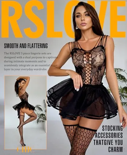 RSLOVE Lingerie Set completo 3 pezzi in rete nero taglia unica