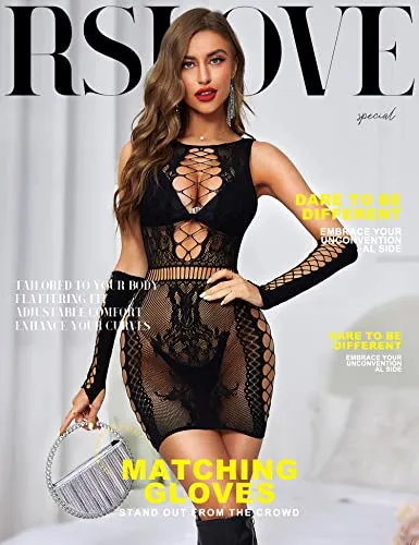 RSLOVE Fishnet Chemise Cut-Out Dress abito lingerie Nero taglia unica con guanti