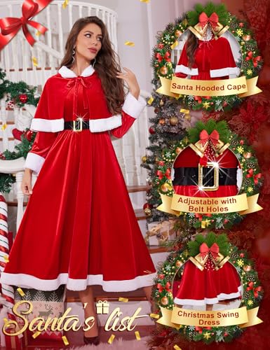 RSLOVE Costumes Velvet Santa Dress Abito Babbo Natale con mantella rosso