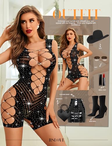 RSLOVE Fishnet tuta a rete nera con strass