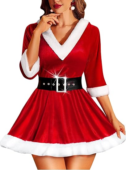 RSLOVE Costumes Berry Red Velvet Mrs Claus Hooded Dress vestito rosso S