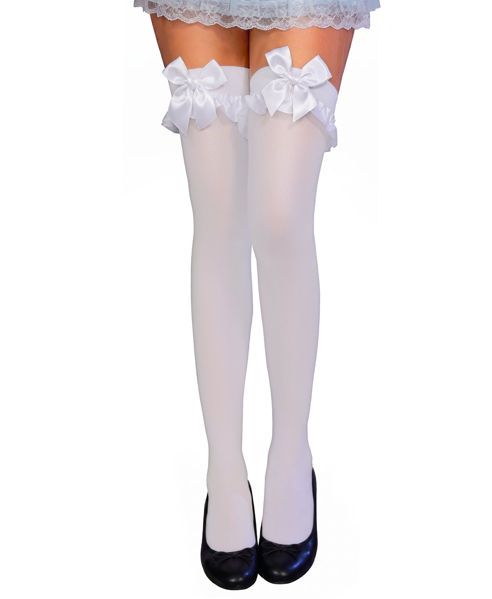 RSLOVE Thigh High Bow Ruffle Trim Opaque calze autoreggenti bianche e nere con fiocco