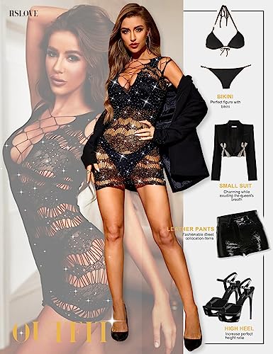 RSLOVE Fishnet chemise a rete con strass nera taglia unica