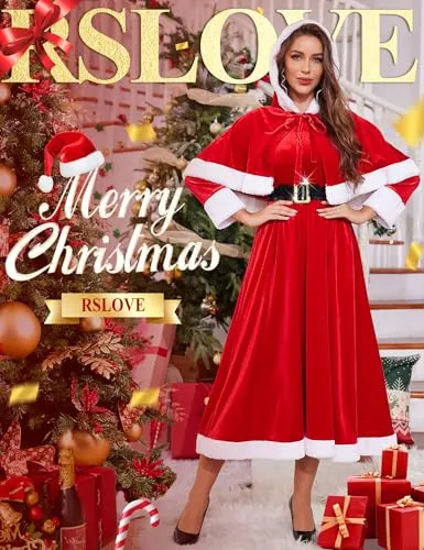 RSLOVE Costumes Velvet Santa Dress Abito Babbo Natale con mantella rosso