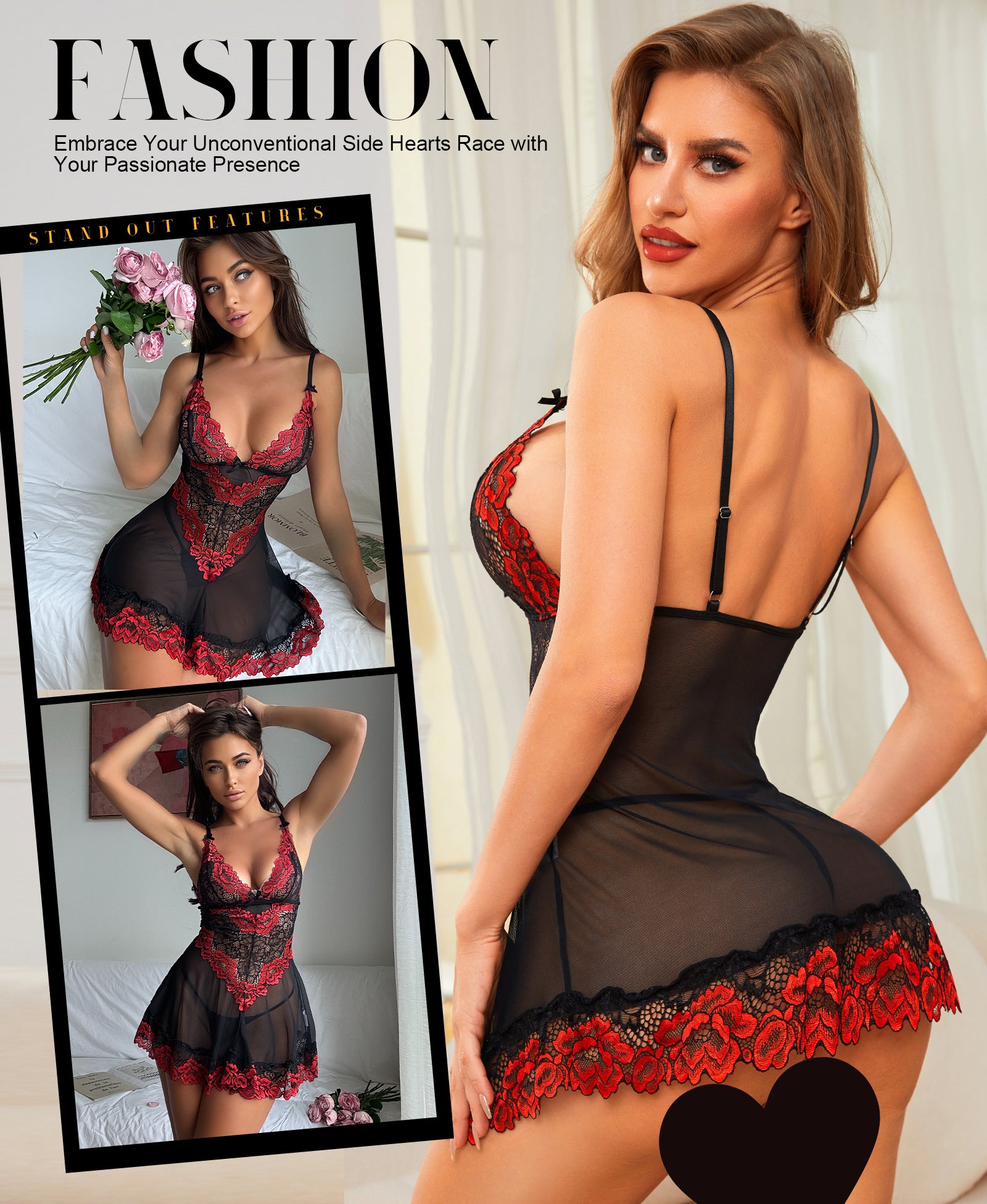 RSLOVE Babydoll Lace Chemise camicia da notte nera in pizzo
