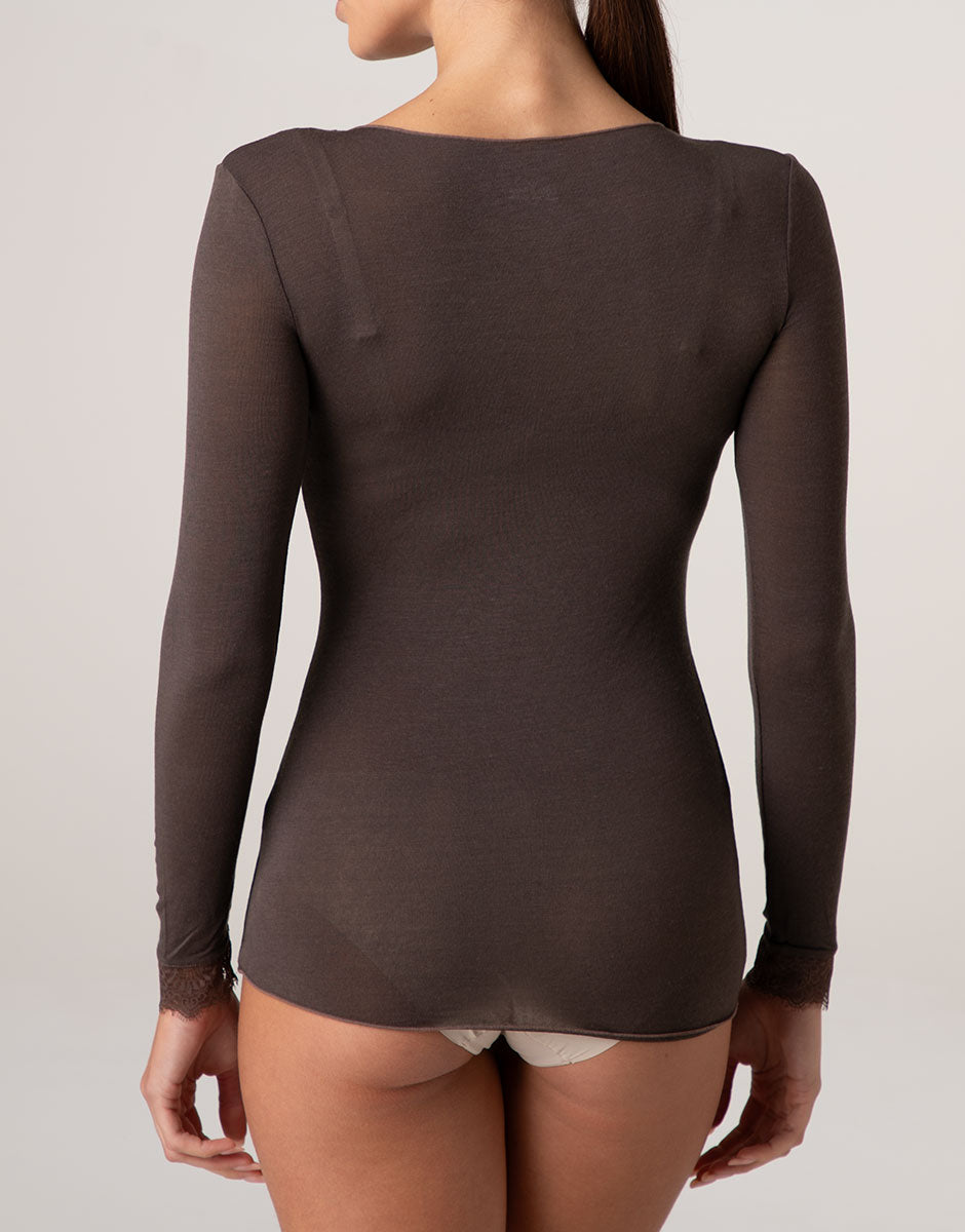Lovable Invisible Ultralight Ultralight and Warm maglia manica lunga scollo a V cioccolato