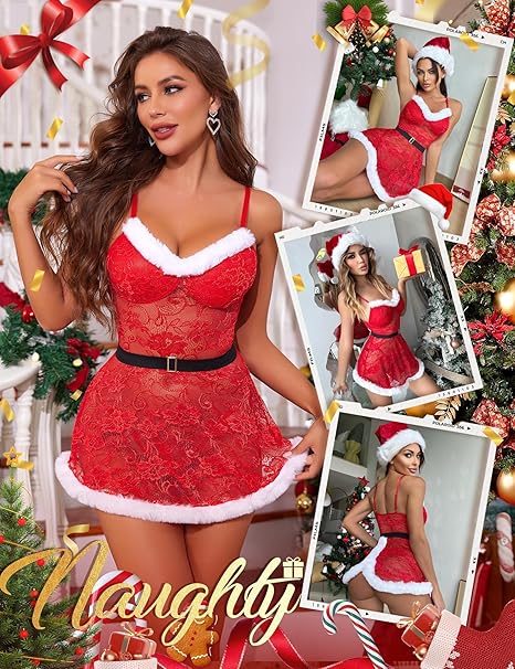 RSLOVE Costumes Christmas Lace Babydoll babydoll rosso con perizoma