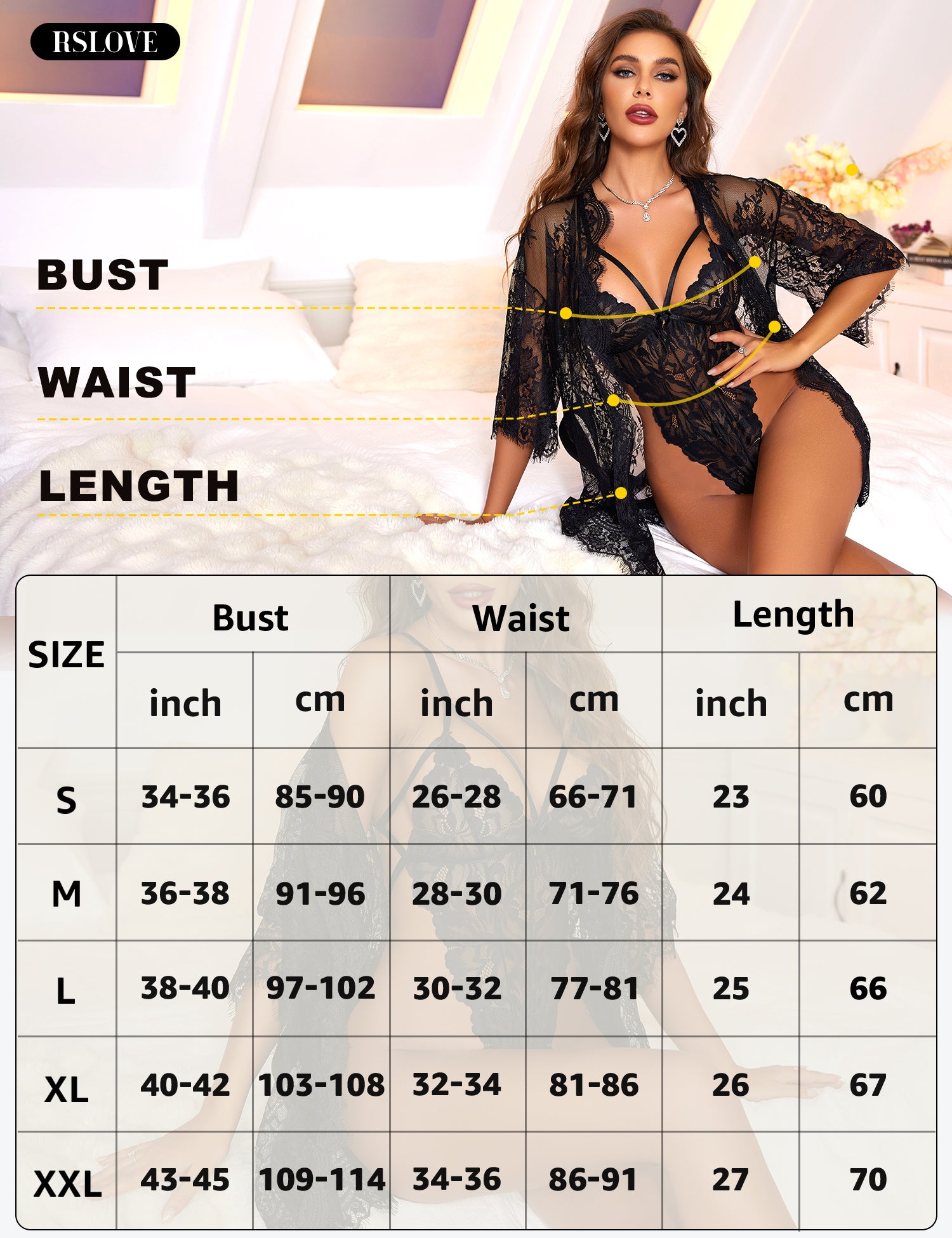 RSLOVE Robe Lace Teddy completo teddy e vestaglia in pizzo nero S-XXL