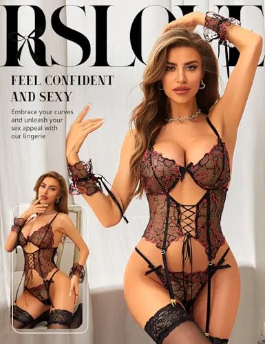 RSLOVE Garter Belt 3 Piece body in pizzo con reggicalze e polsini