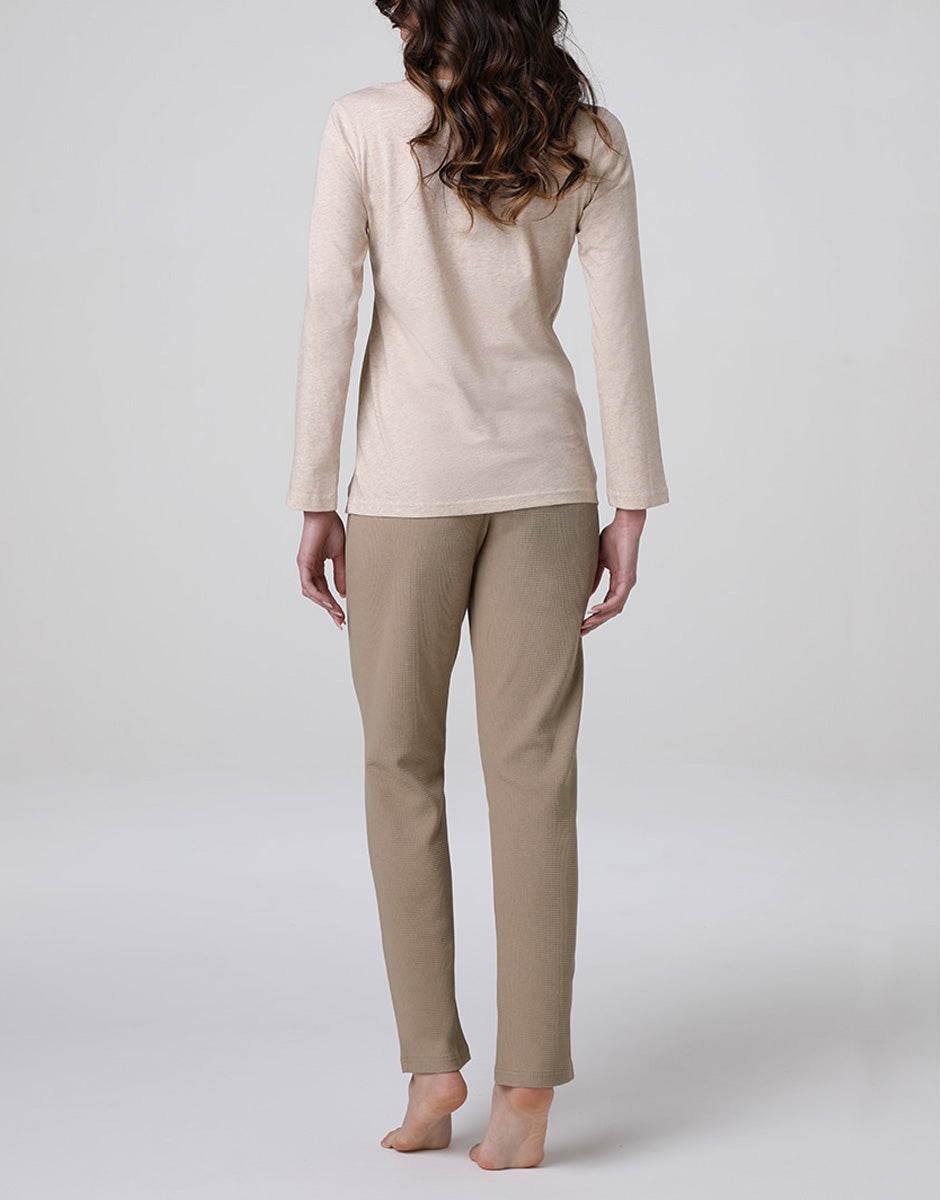Lovable Basic Soul pigiama lungo serafino cappuccino in cotone jersey e waffle
