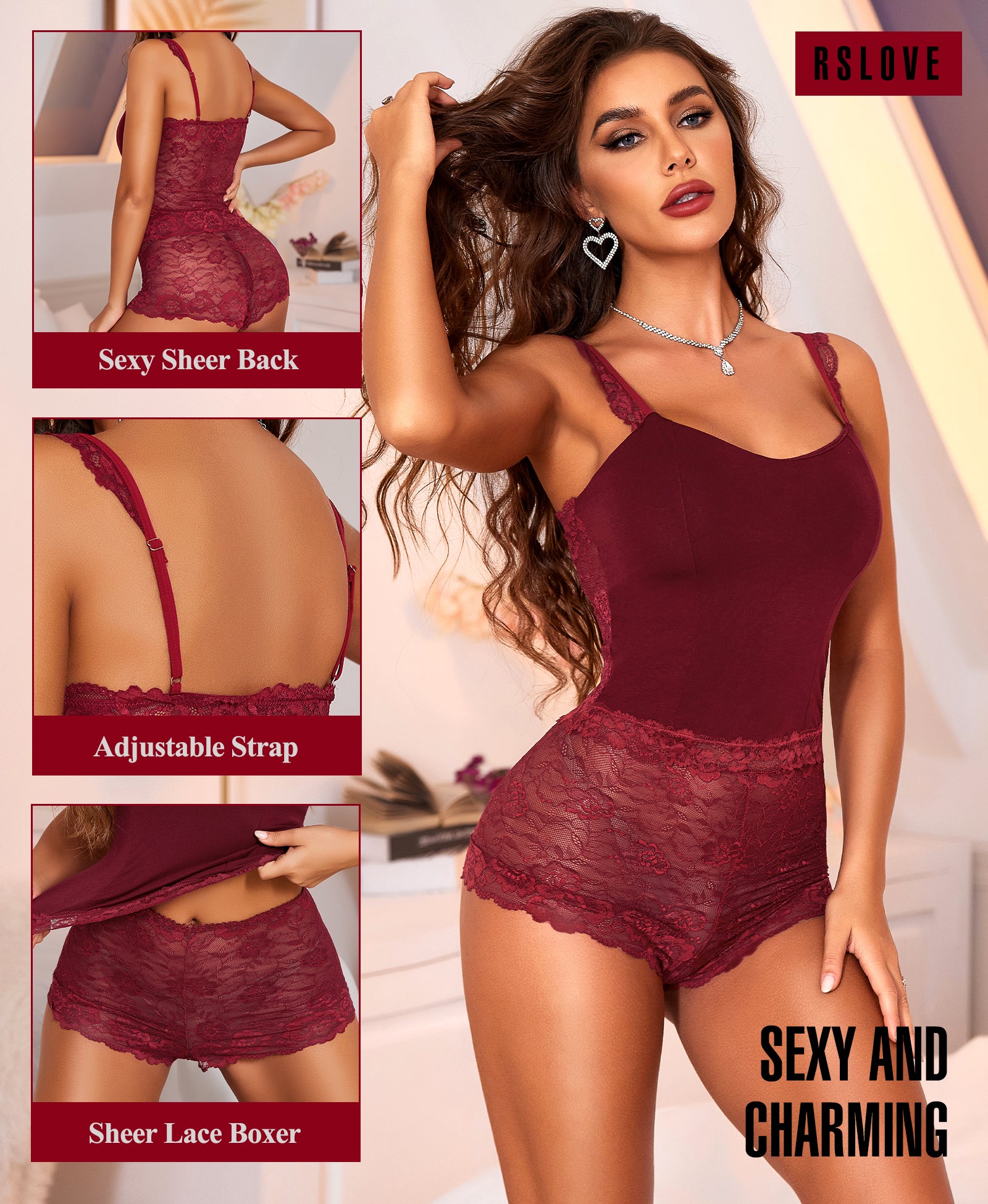 RSLOVE Lingerie Set top e shorts in pizzo vita alta nero