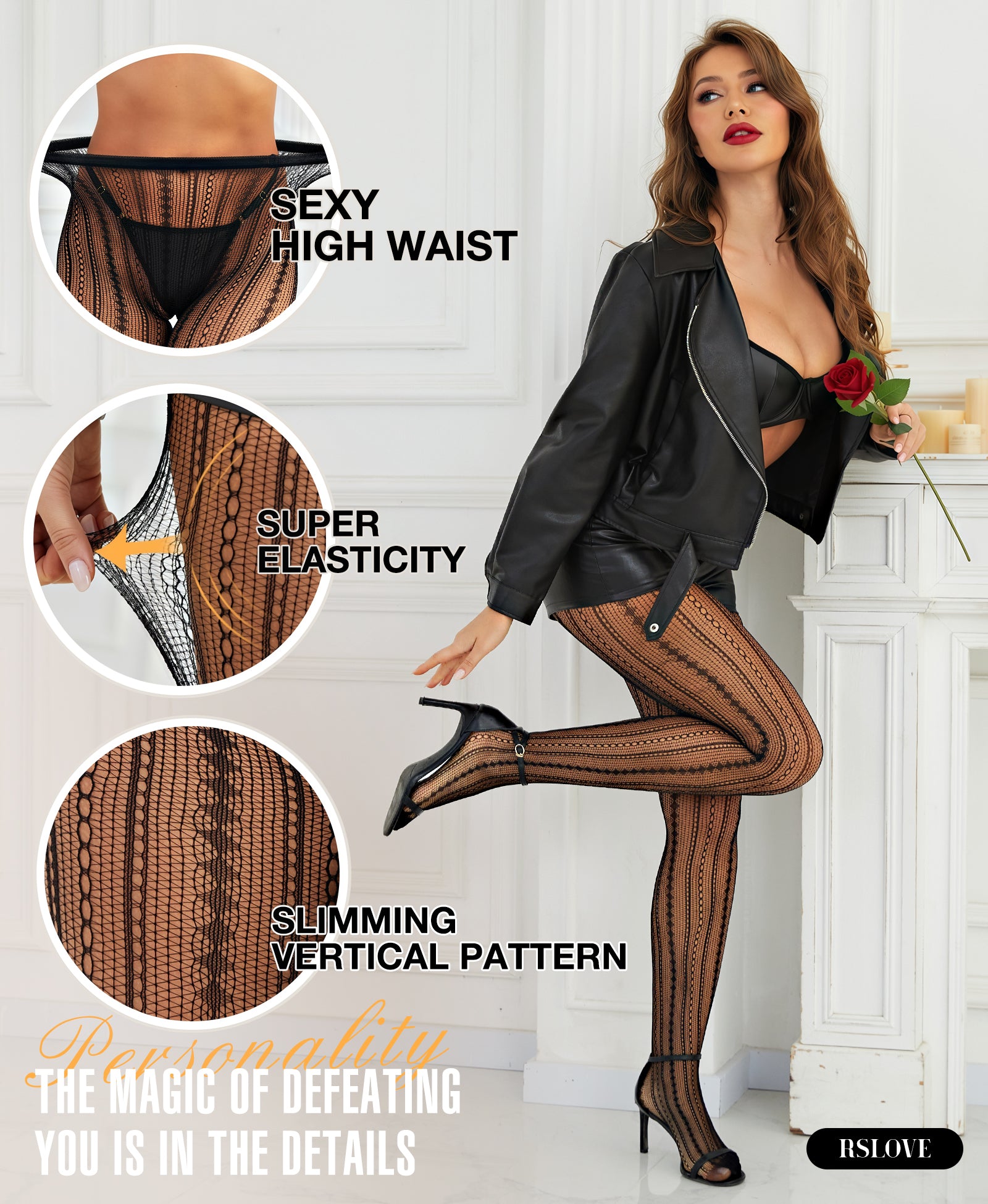 RSLOVE Patterned tights Vintage Fishnet Lace collant a rete nero, taglia unica