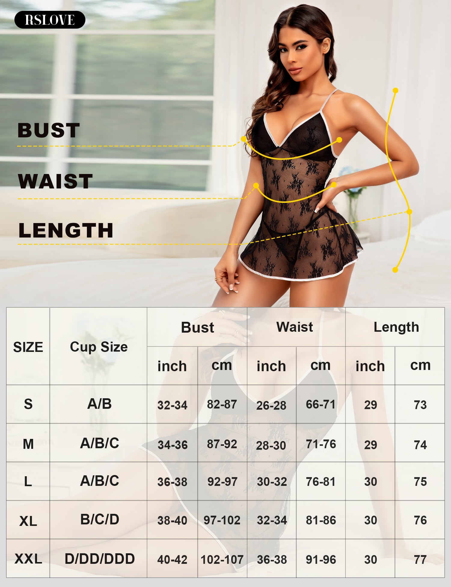RSLOVE Babydoll babydoll nero in mesh floreale con perizoma S
