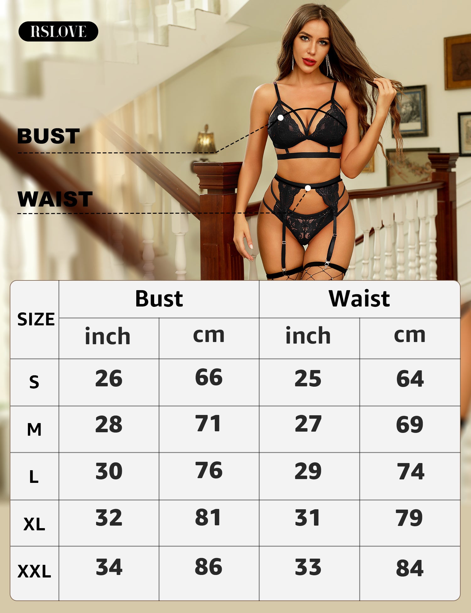 RSLOVE Garter Belt 3 Piece Babydoll pizzo con reggicalze nero
