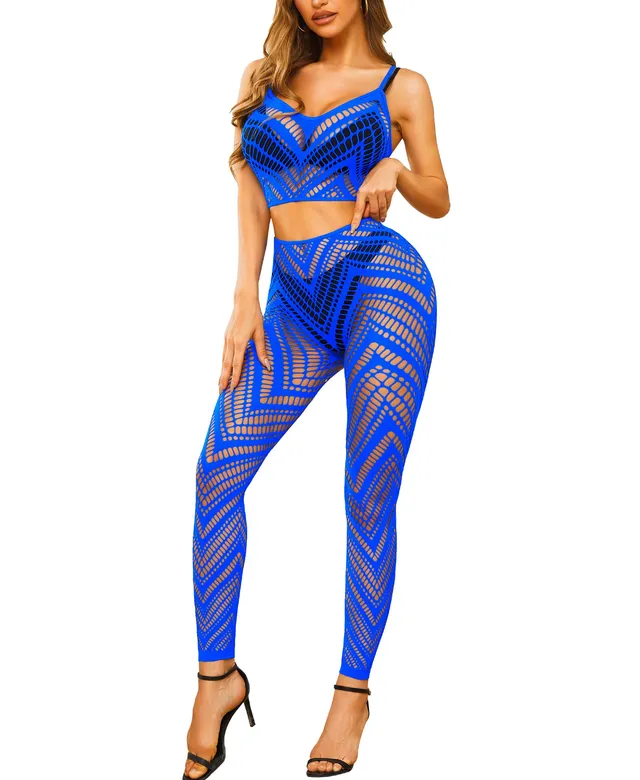 RSLOVE Bodystocking set in rete a rombi blu e rosa fluorescente, taglia unica