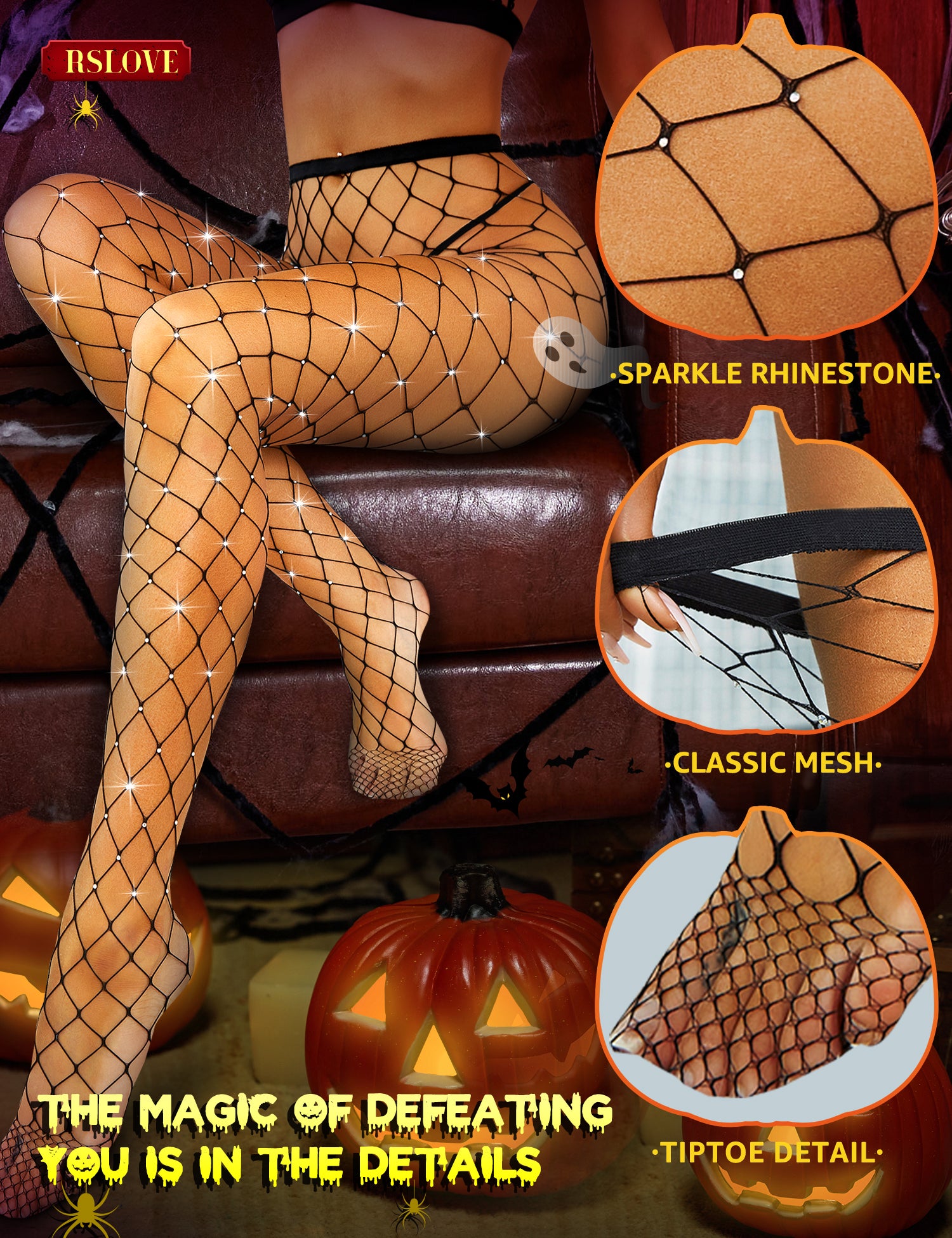 RSLOVE Stocking Rhinestone Fishnet calze a rete nere taglia unica