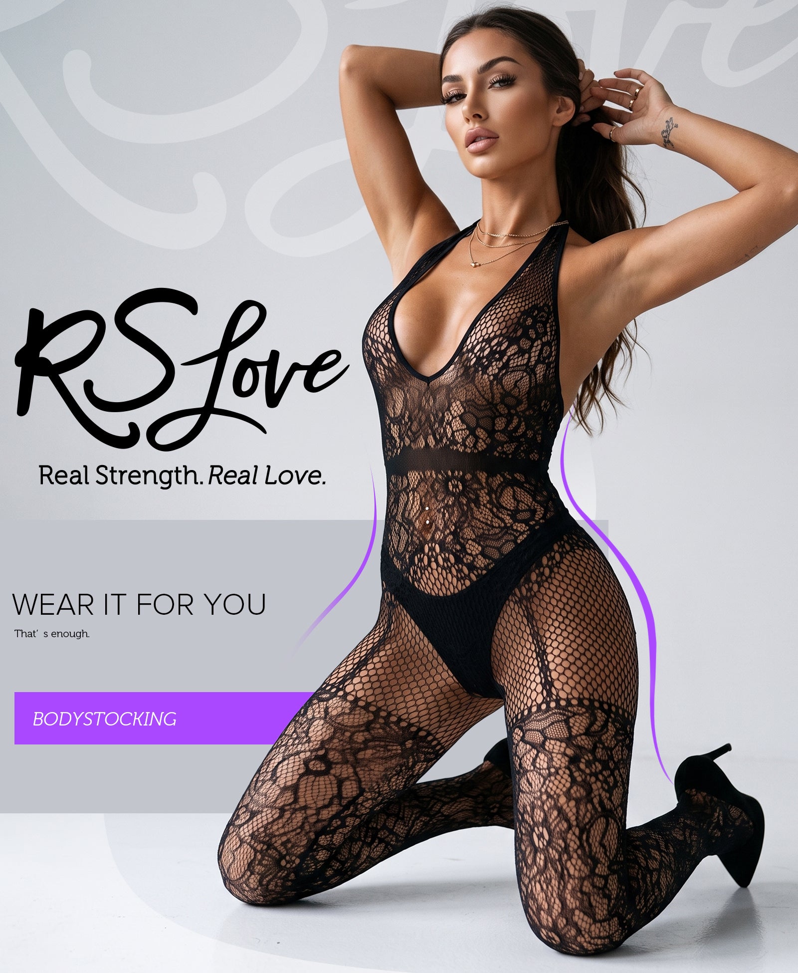 RSLOVE Bodystocking Crotchless Lace Fishnet Bodystocking body a rete nero