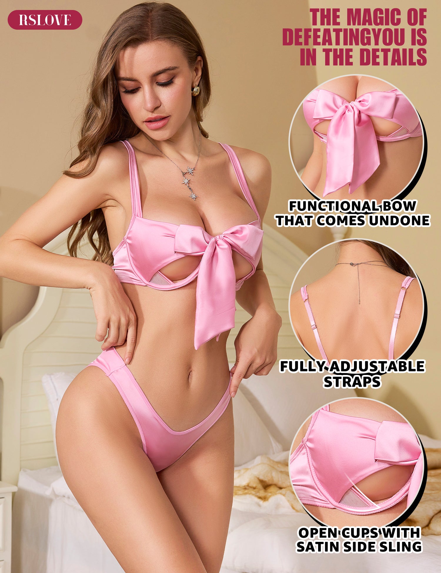 RSLOVE Bra & Panty Sets Satin Bow Reggiseno e perizoma rosa