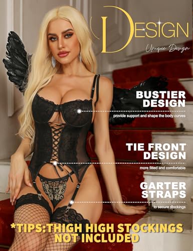 RSLOVE Teddy Lace-Up Tie Front teddy nero con reggicalze