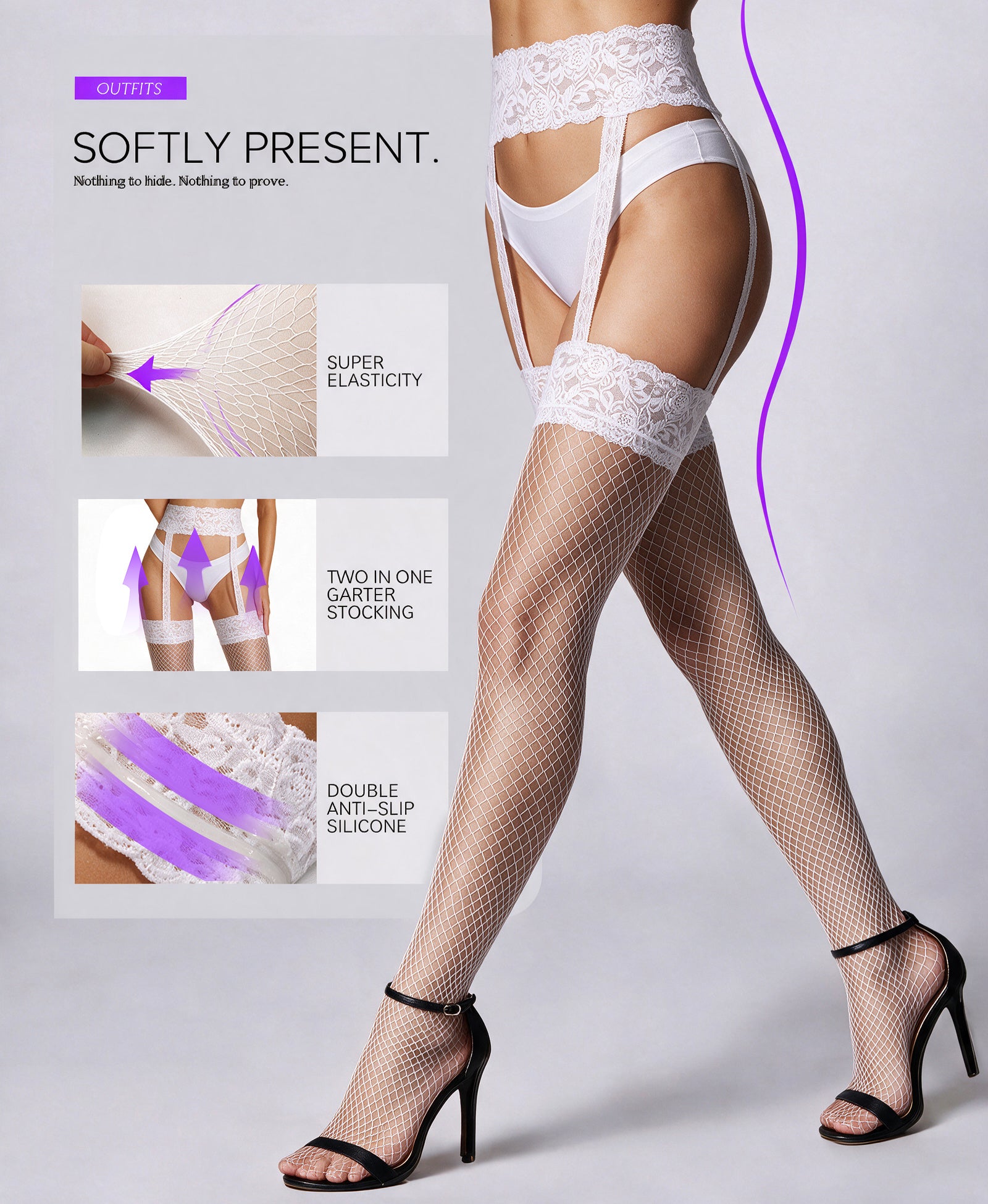 RSLOVE Stocking Fishnet Suspender Pantyhose with Garter Belt calze rete nere