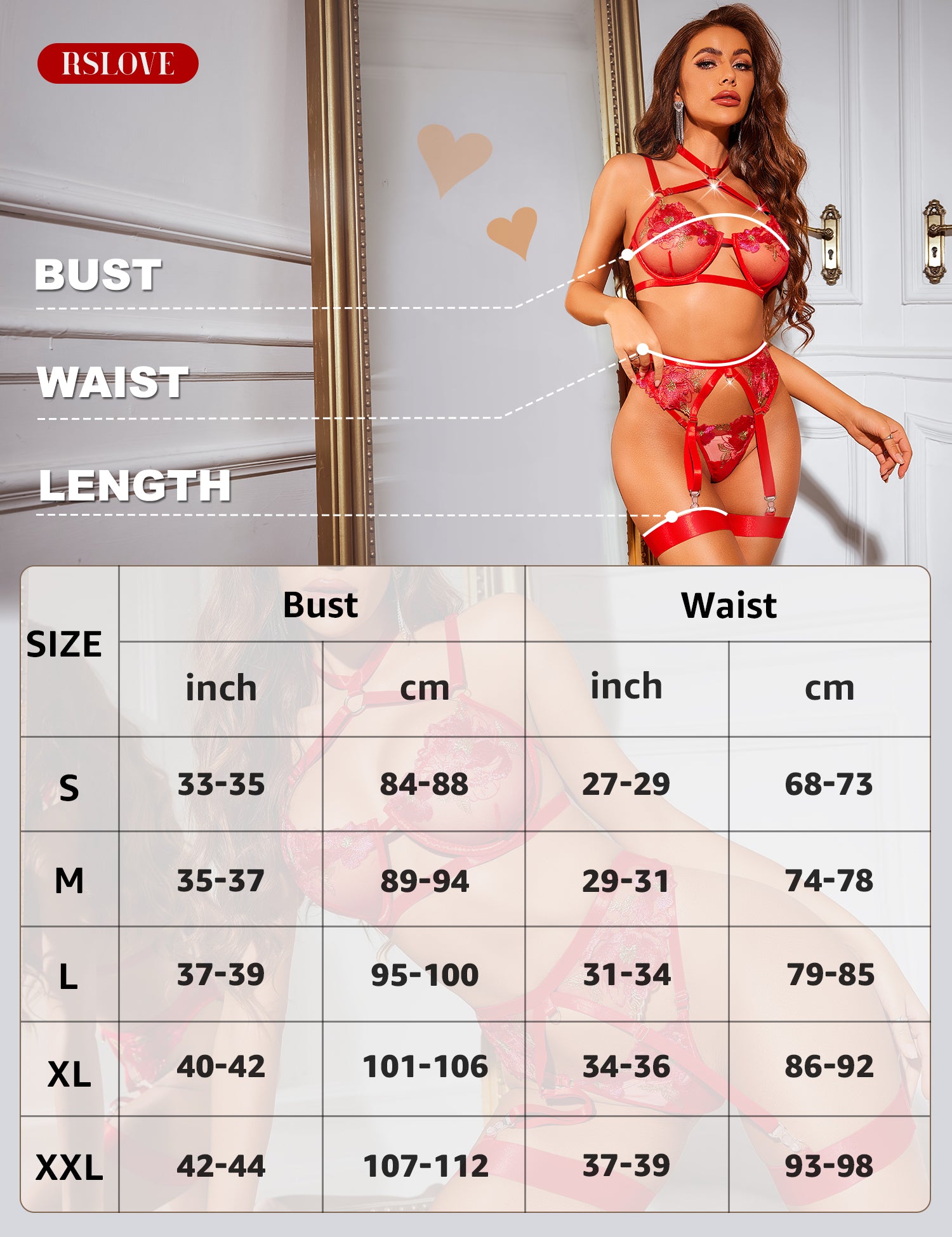 RSLOVE Garter Belt 3 Piece completo lingerie rosso in pizzo floreale