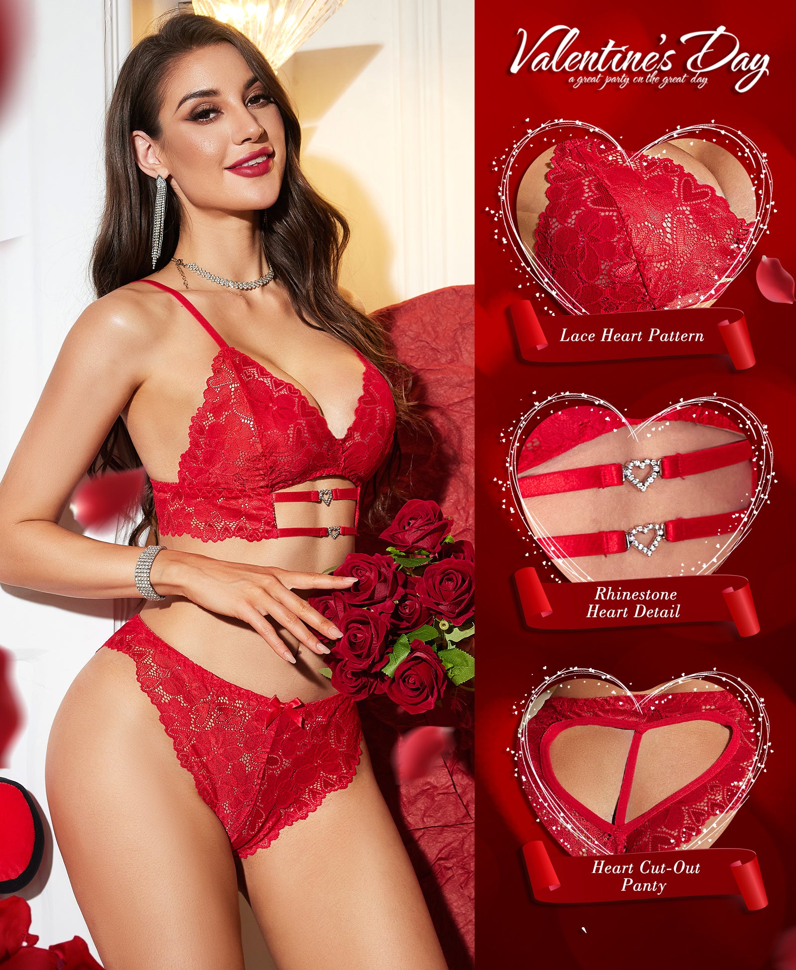 RSLOVE Bra & Panty Sets Heart Lace completo lingerie rosso in pizzo