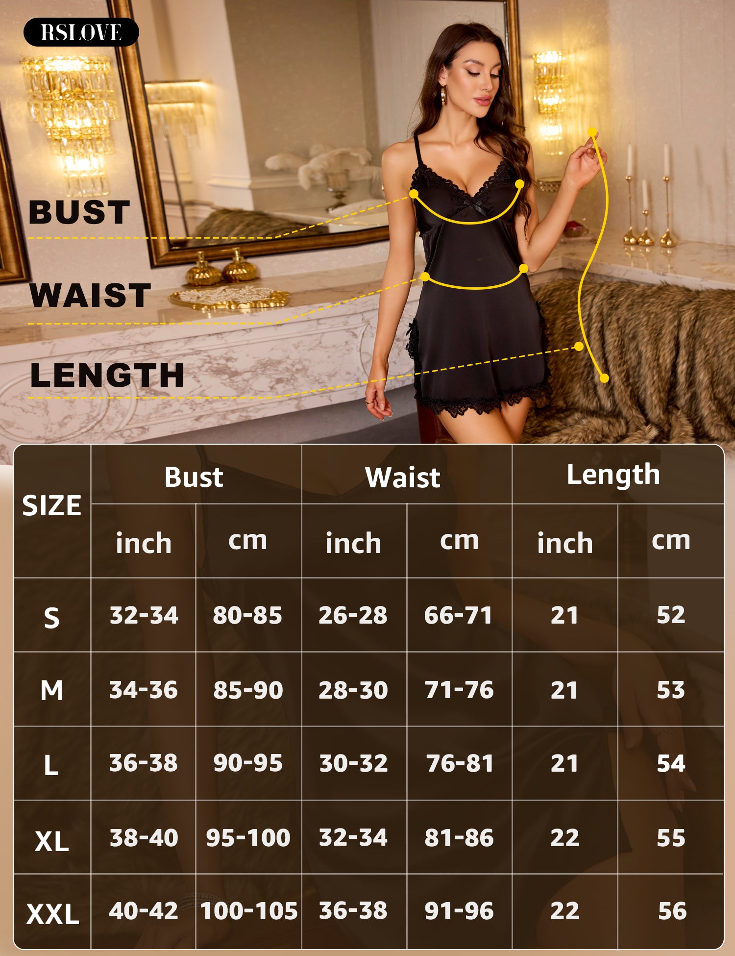 RSLOVE Nightgowns Satin Lace Trim Spaghetti Strap Nightgown camicia da notte nera S