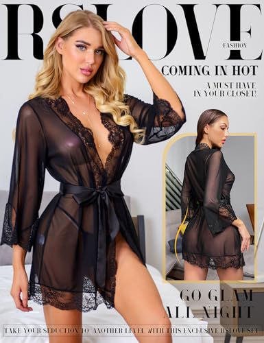 RSLOVE Robe vestaglia kimono in pizzo floreale nera con cintura