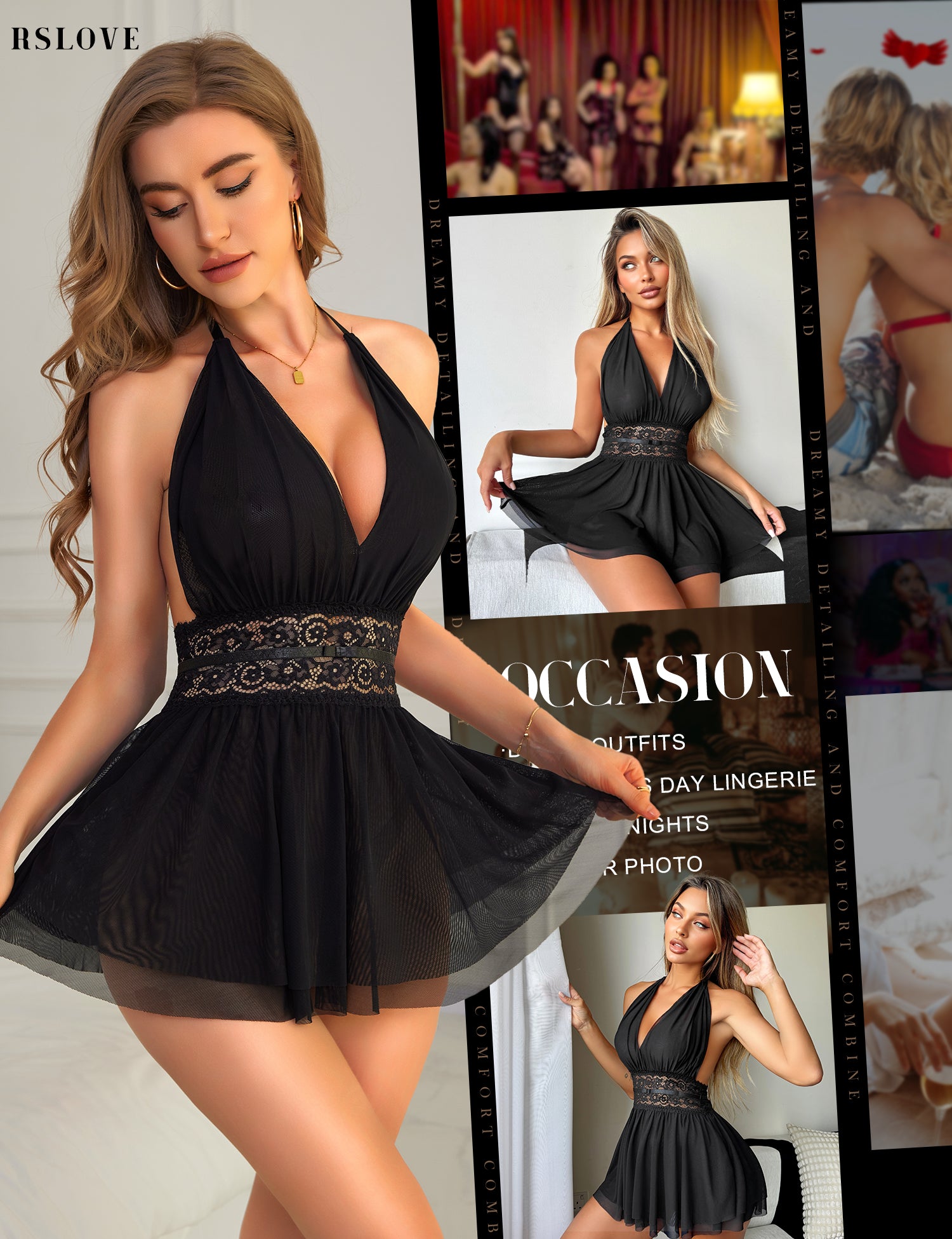 RSLOVE Babydoll Halter Neck Backless Mesh Lace Babydoll camicia da notte