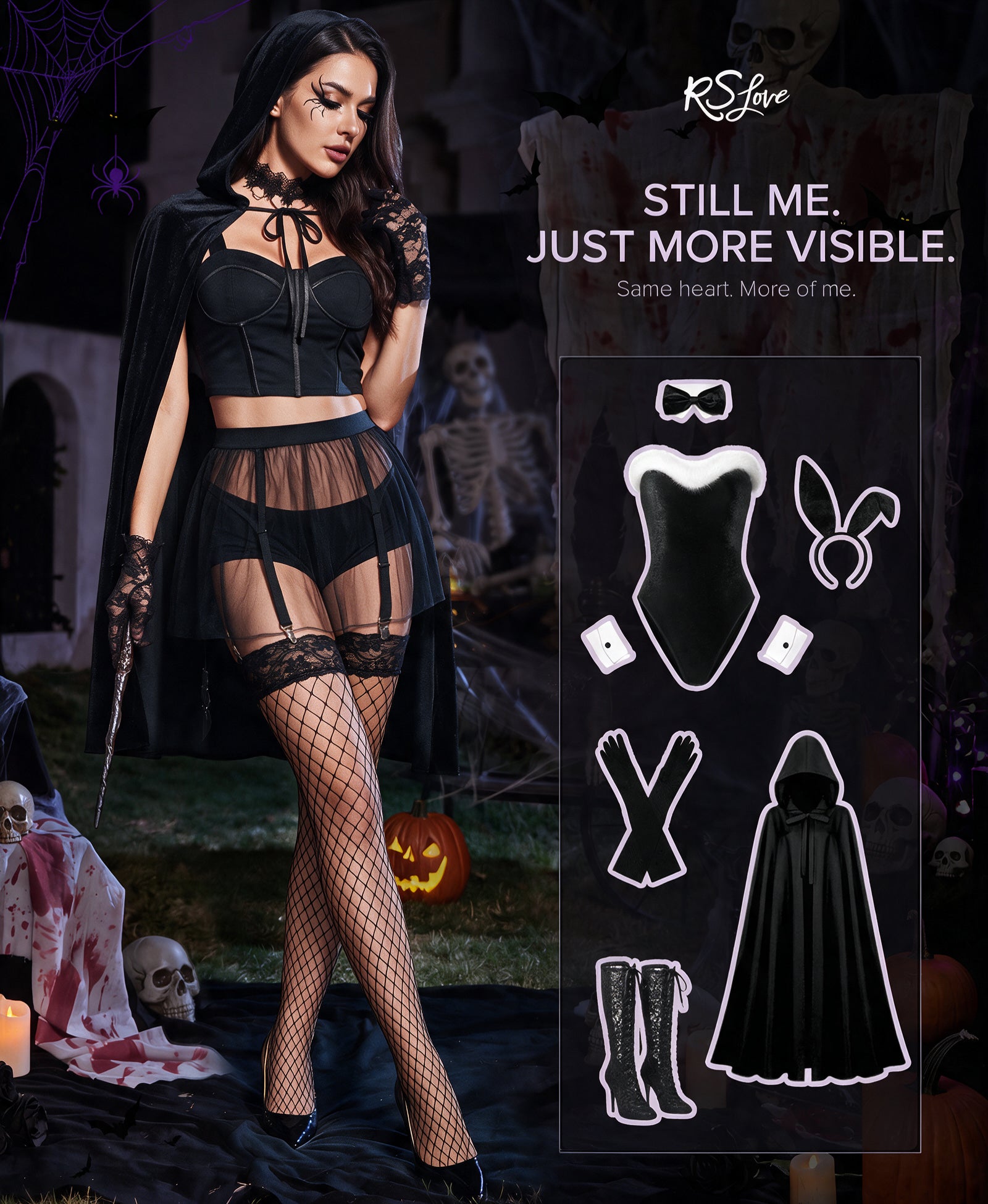 RSLOVE Thigh High Medium Fishnet Lace Top autoreggenti nere one size