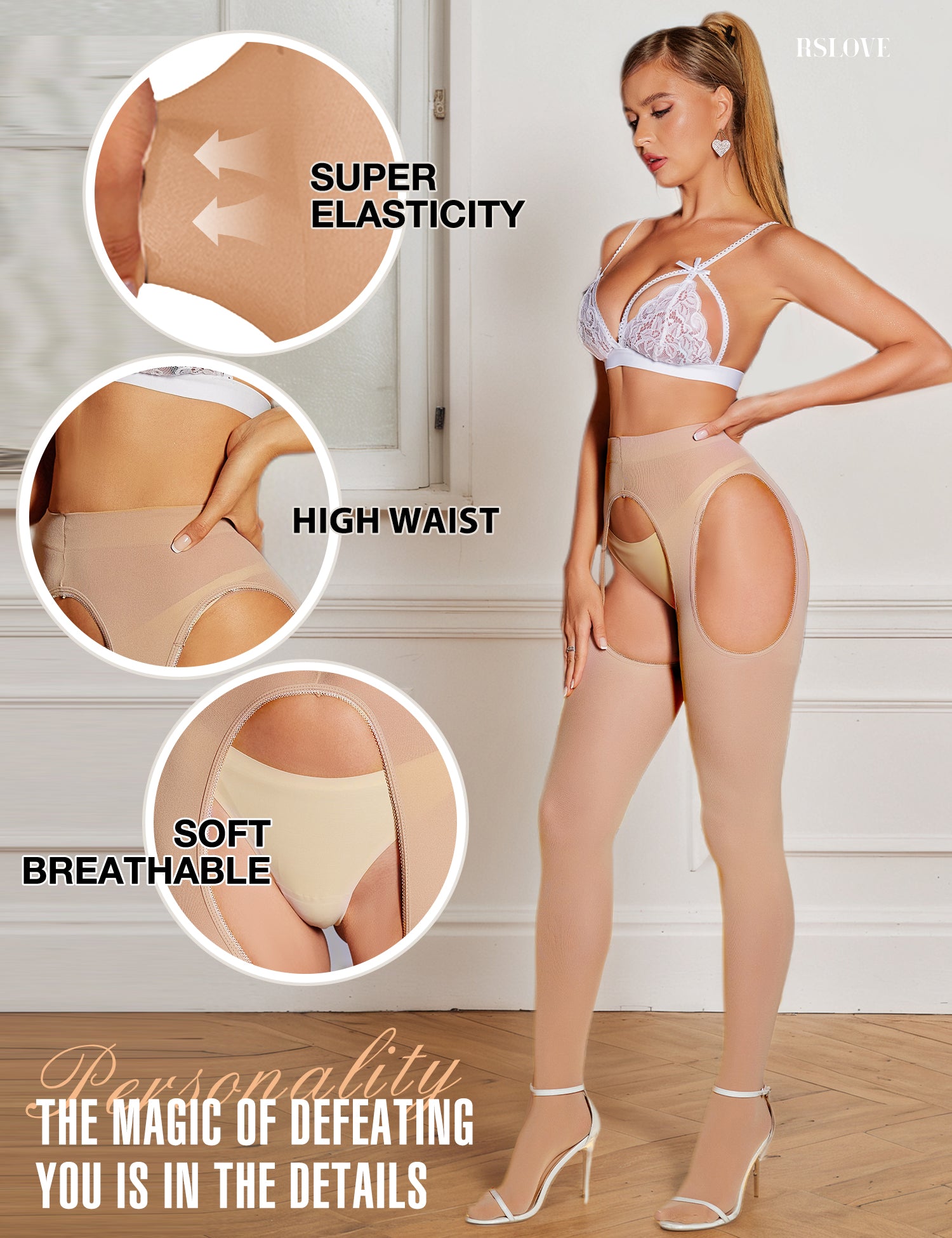 RSLOVE Tights High Waist Suspender Garter Control Top Collant neri taglia unica 80D