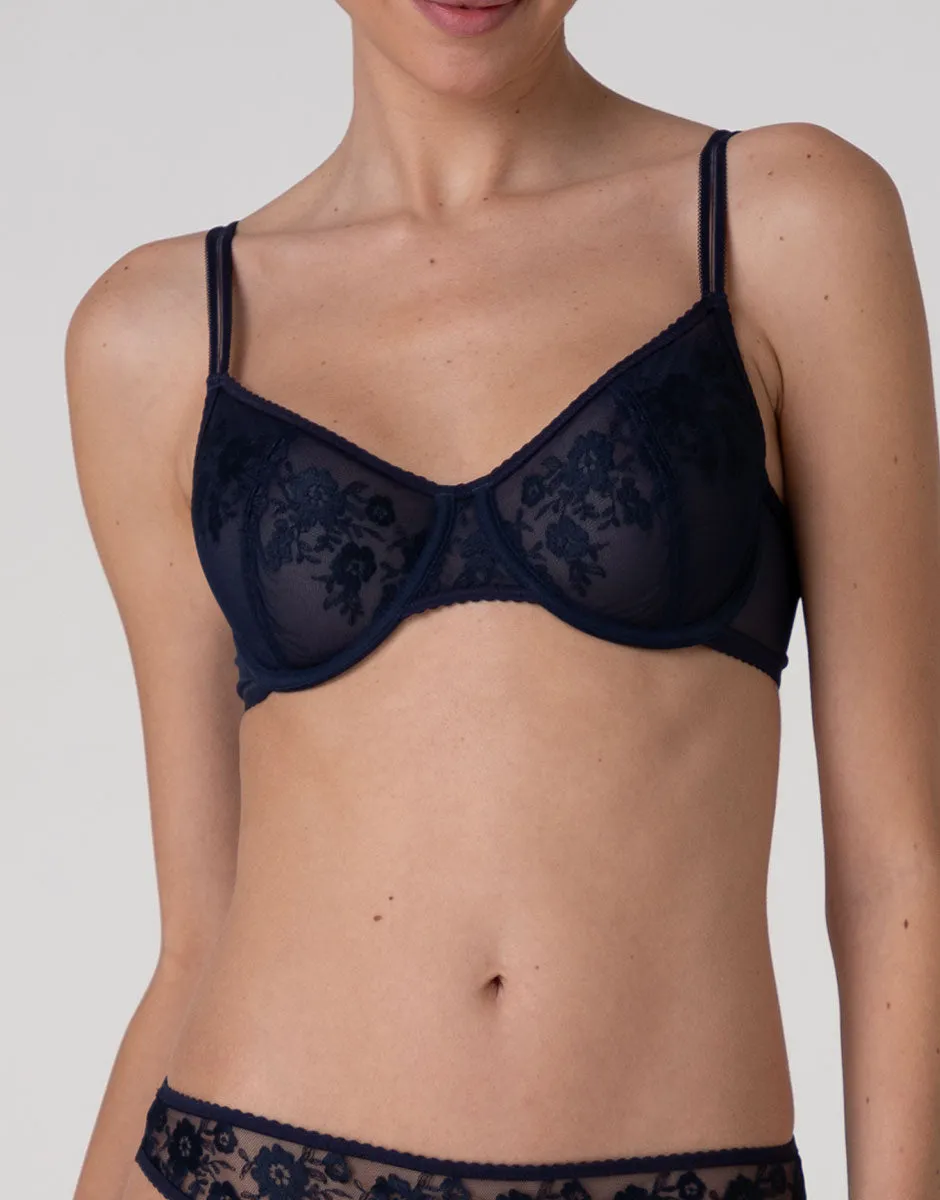 Lovable Garden Flowers Lace Elegant Embroidery reggiseno balconcino blu navy ricamato