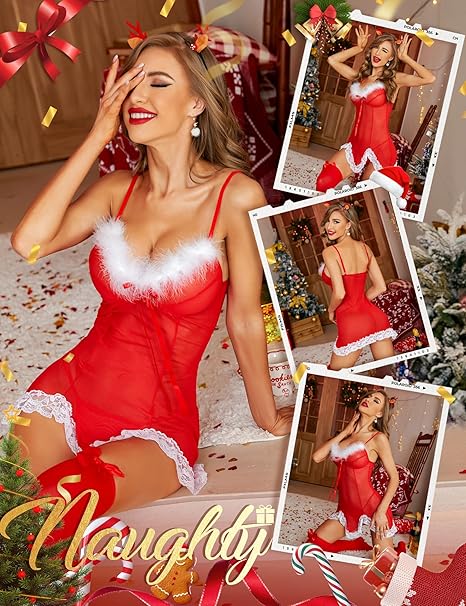 RSLOVE Costumes Mesh Christmas Babydoll babydoll natalizio rosso con piume