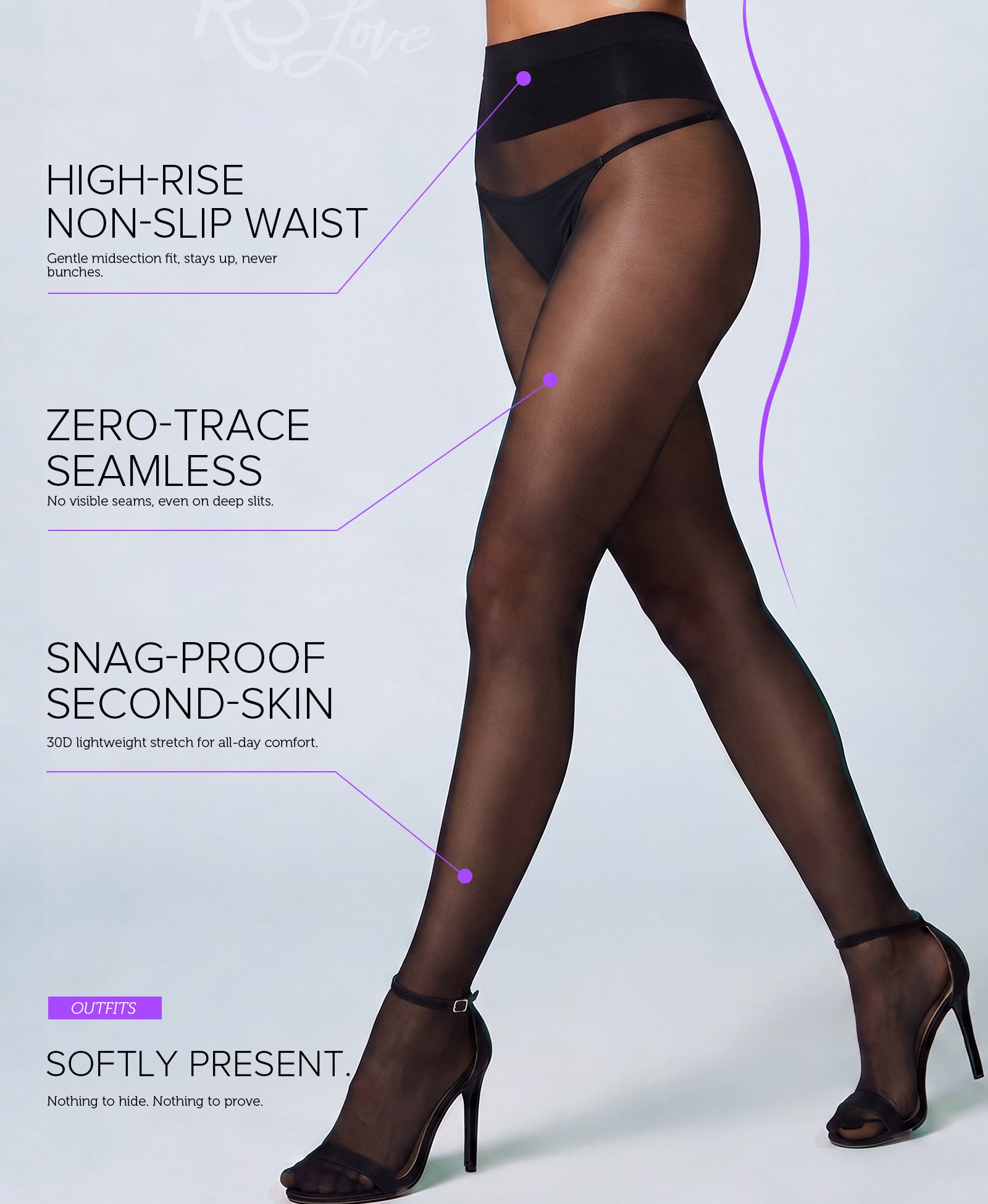 RSLOVE Tights 30D Seamless Control Top Sheer Tights collant velati neri vita alta