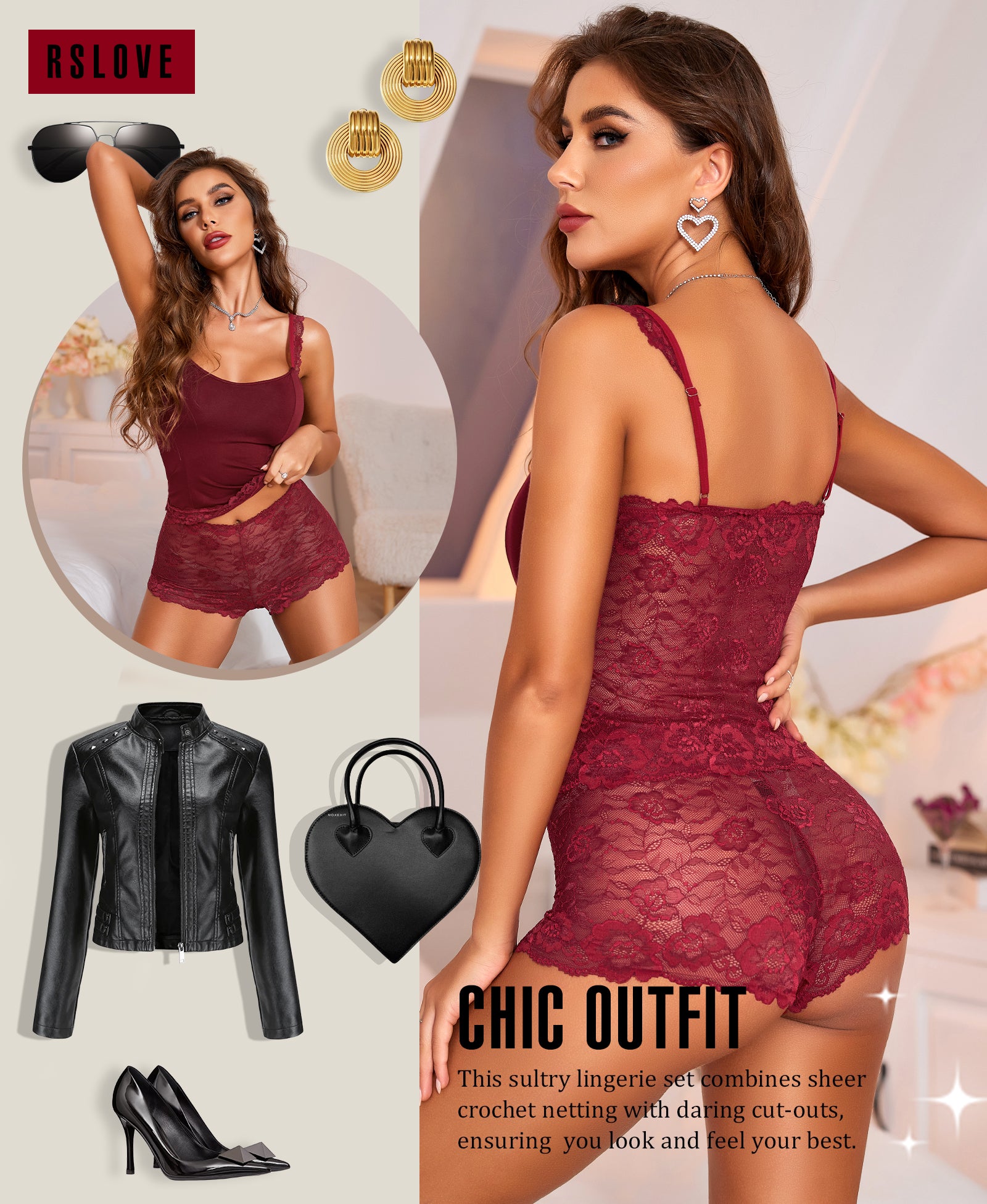 RSLOVE Bra & Panty Sets completo reggiseno e shorts in pizzo rosso vino