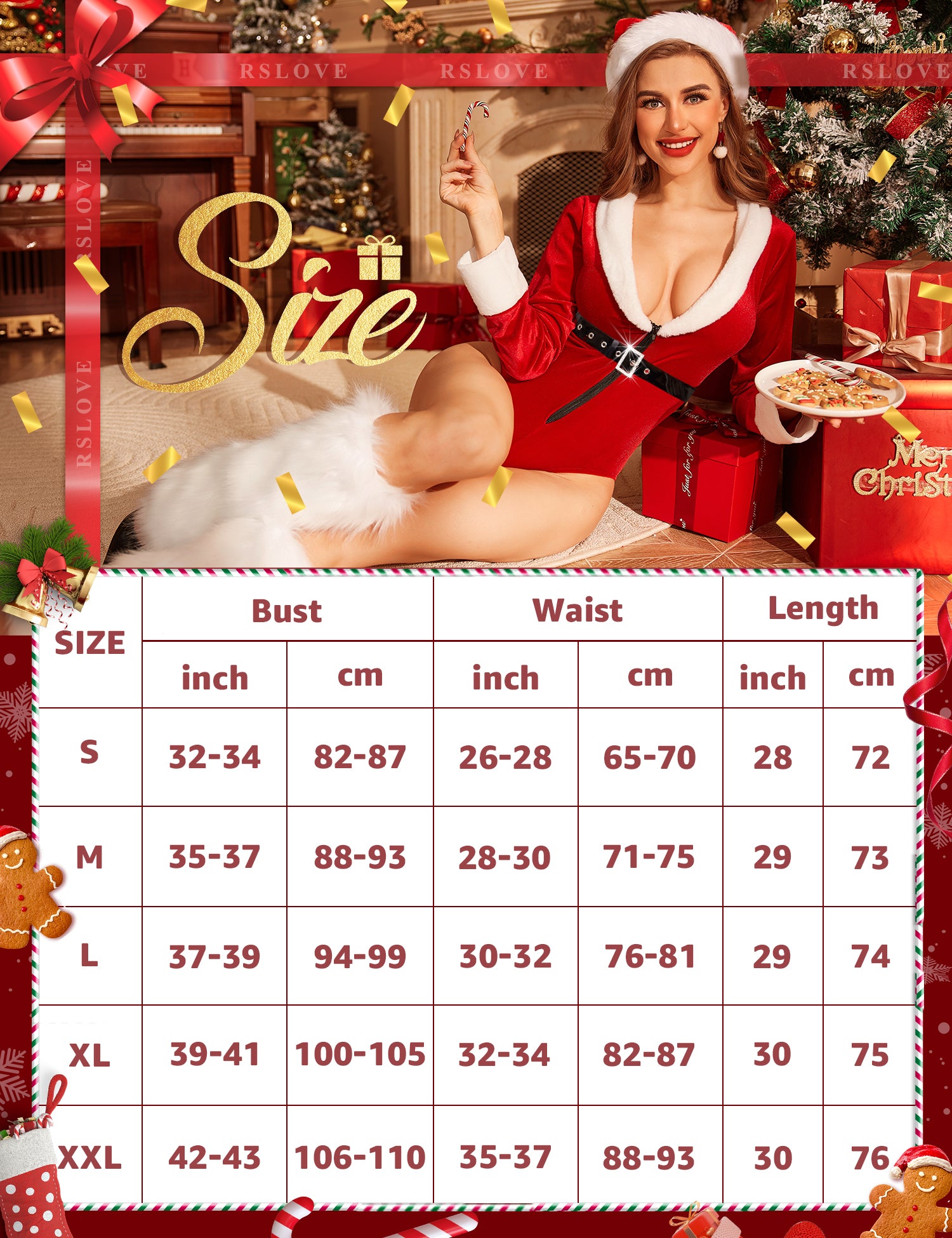 RSLOVE Costumes teddy Babbo Natale rosso con cintura strass S-XXL