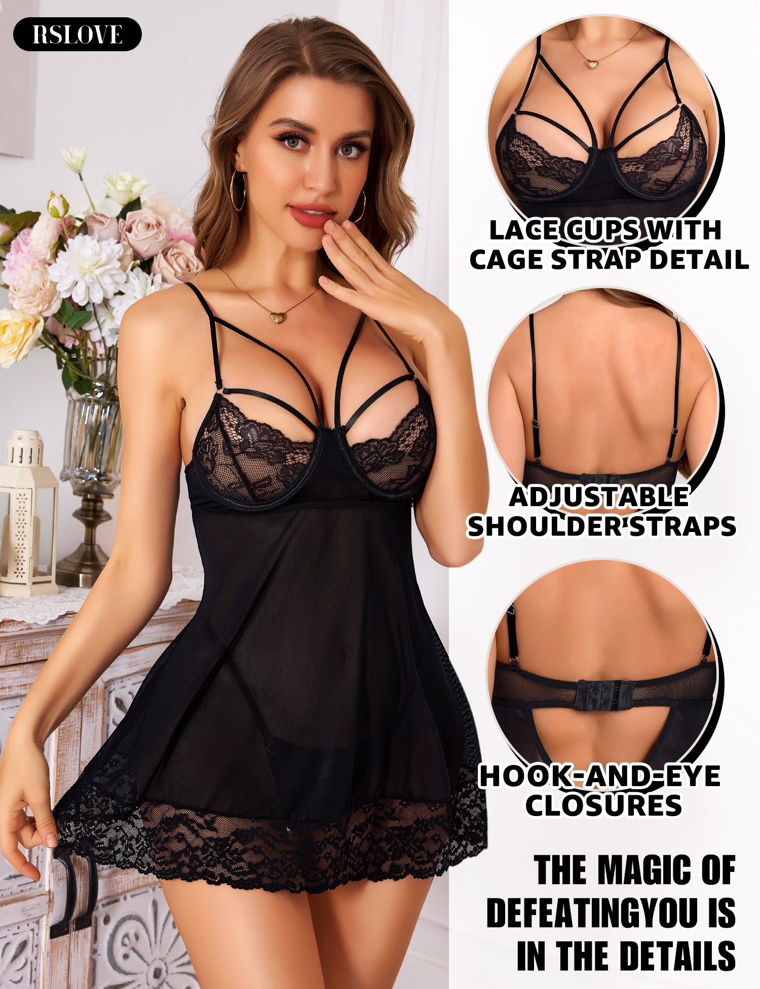 RSLOVE Babydoll Lace Cage-Strap Babydoll babydoll in pizzo nero con perizoma