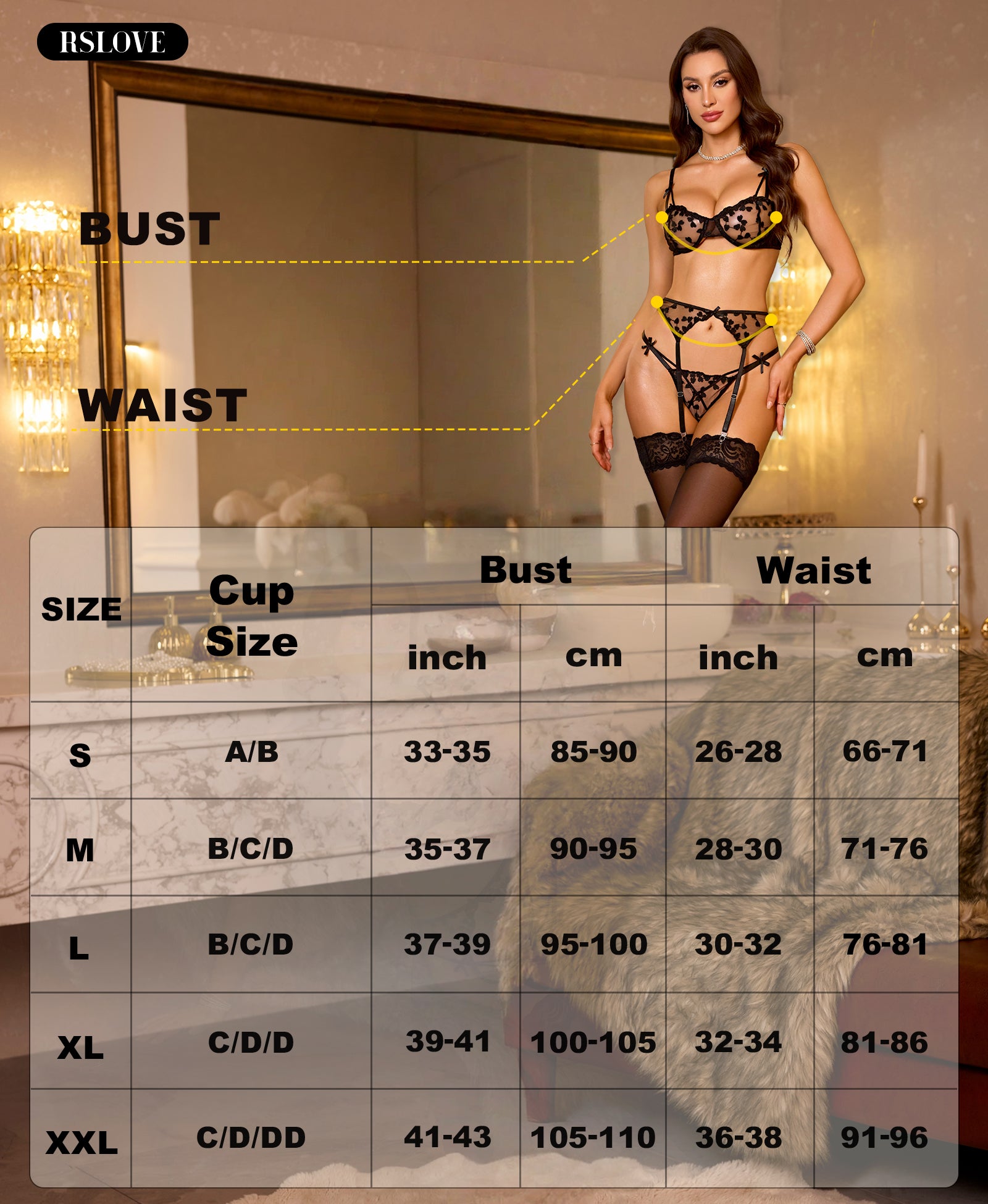 RSLOVE Garter Belt 3 Piece Completo lingerie con reggiseno con ferretto azzurro