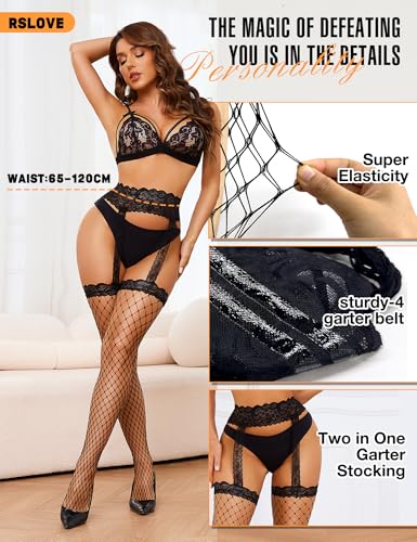 RSLOVE Stocking collant a rete nero taglia unica reggicalze integrato