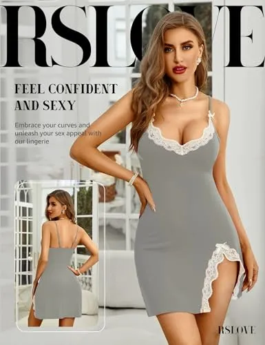 RSLOVE Nightgowns chemise in pizzo nera con scollo a V