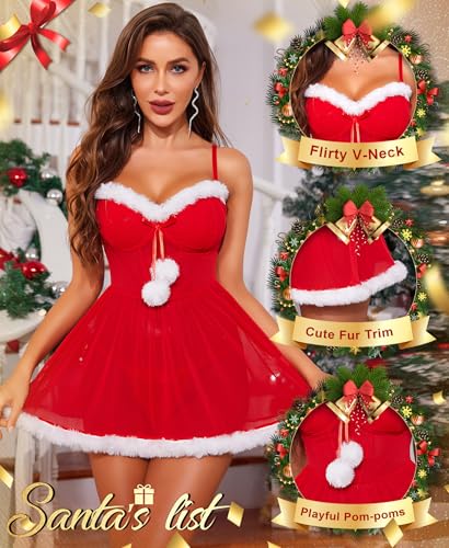 RSLOVE Costumes Red Mesh Santa Babydoll babydoll rosso con bordi in pelliccia