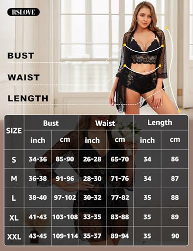 RSLOVE Robe completo lingerie 3 pezzi con kimono in mesh