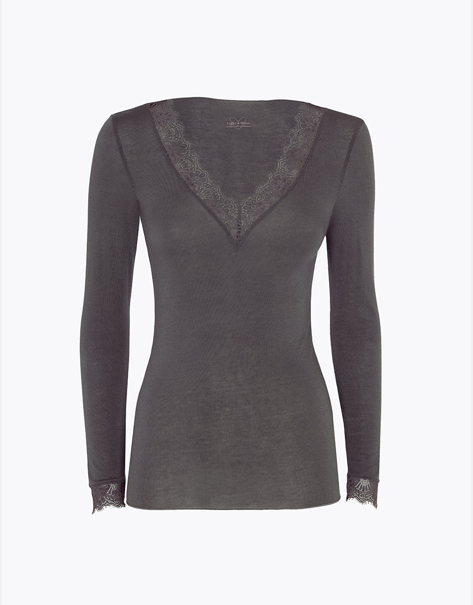 Lovable Invisible Ultralight Maglia manica lunga scollo a V con pizzo modal e cashmere
