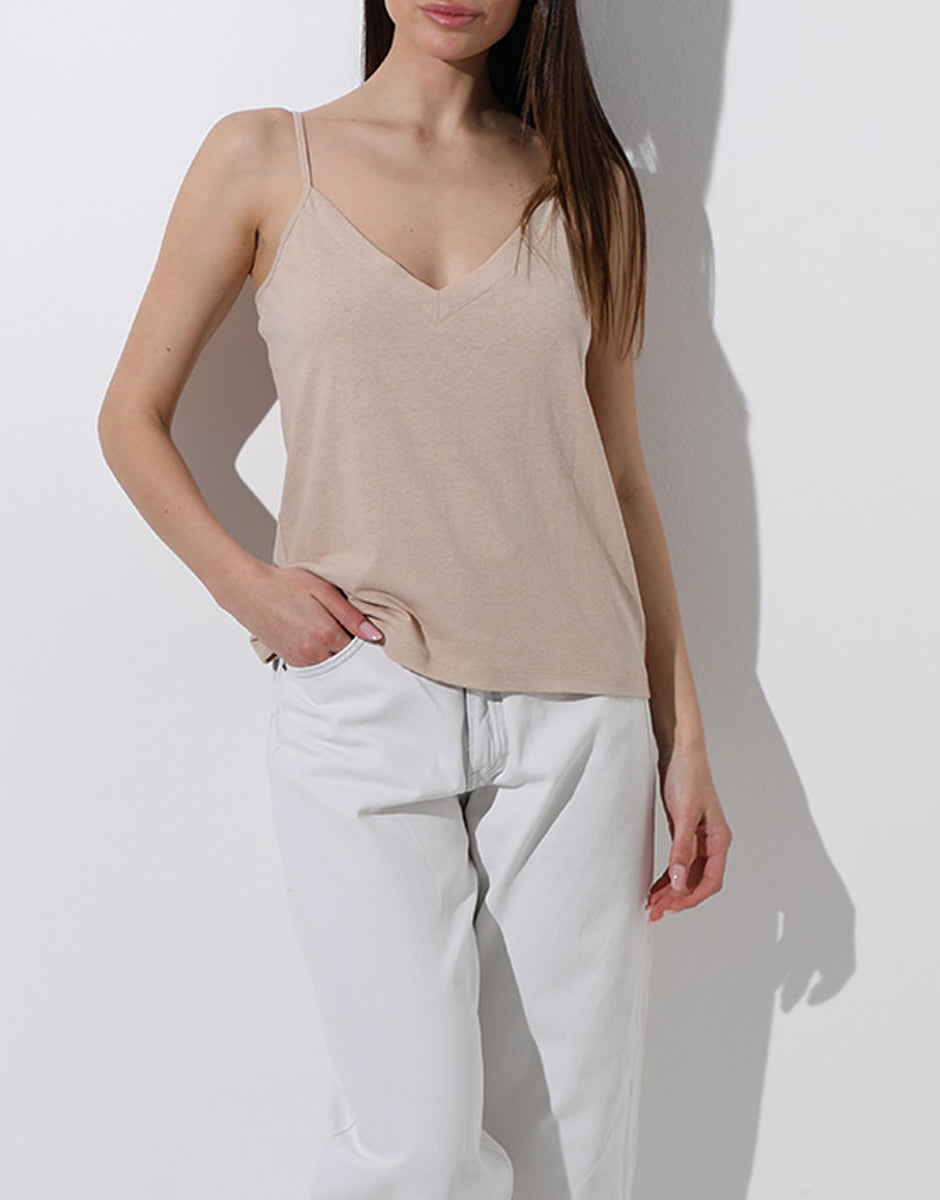Lovable Basic Soul L0ETP top scollo a V cappuccino cotone lino