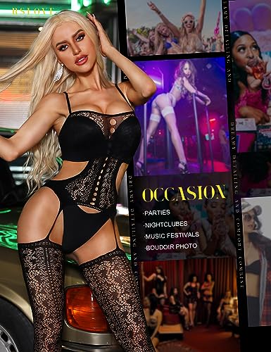 RSLOVE Bodystocking Crotchless Fishnet Bodystocking with Hollow-Out Waist nero